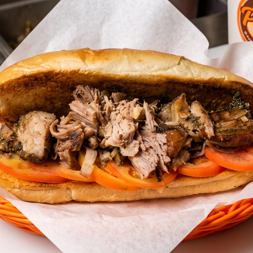 A Porky's Pork Belly sandwich with shredded pork and sliced tomatoes in an orange basket.
