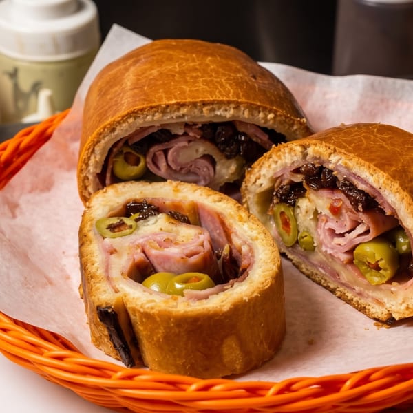 Three Cuban bread rolls, sliced to reveal ham, cheese, olives, and relish, in an orange basket.