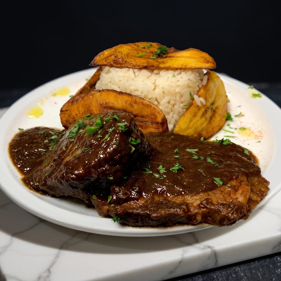 Braised short ribs with dark gravy, white rice, and fried plantains on a white plate.