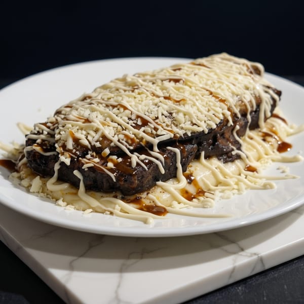 Braised short ribs with mashed potatoes, drizzled with sauce, and topped with shredded cheese.