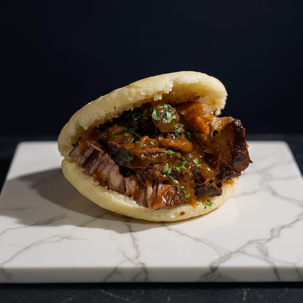 A delicious arepa filled with shredded beef and mushrooms, garnished with parsley on a marble board.