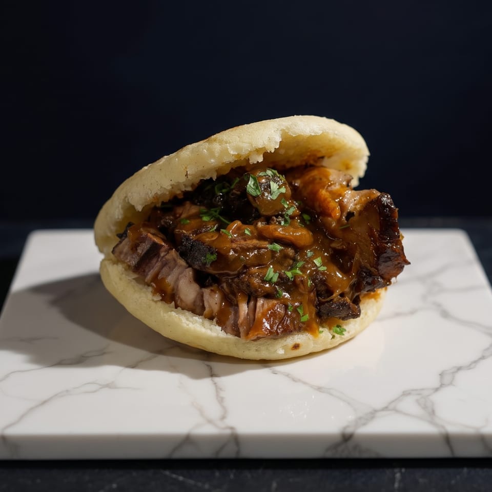 A delicious arepa filled with shredded beef and mushrooms, garnished with parsley on a marble board.